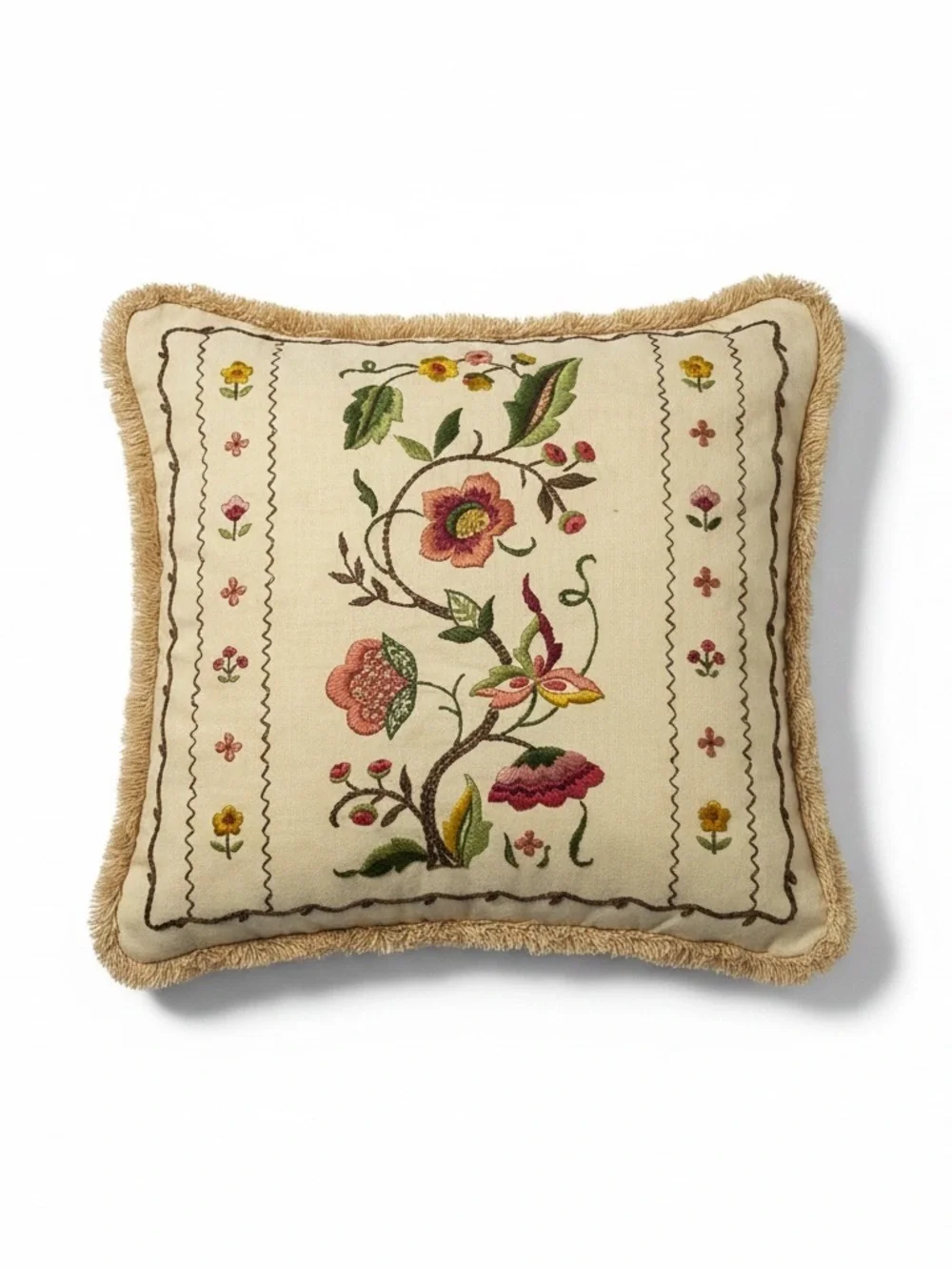 Vintage Crewel Embroidered Small Pillow Case 13X13 Fringe Square‎ Home Decor